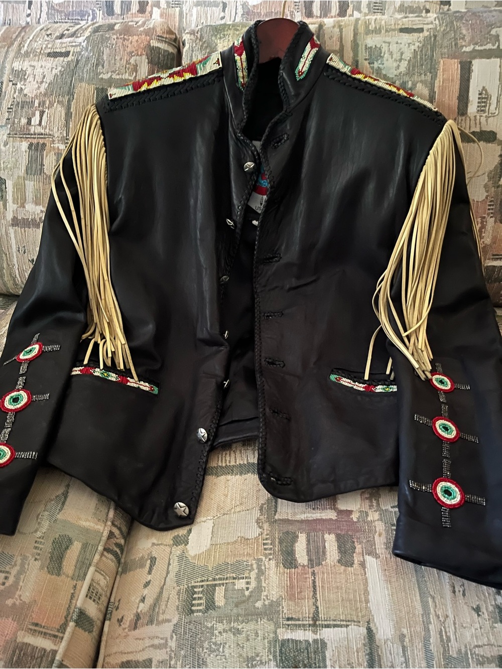 Black VTG leather jacket with fringe and beading